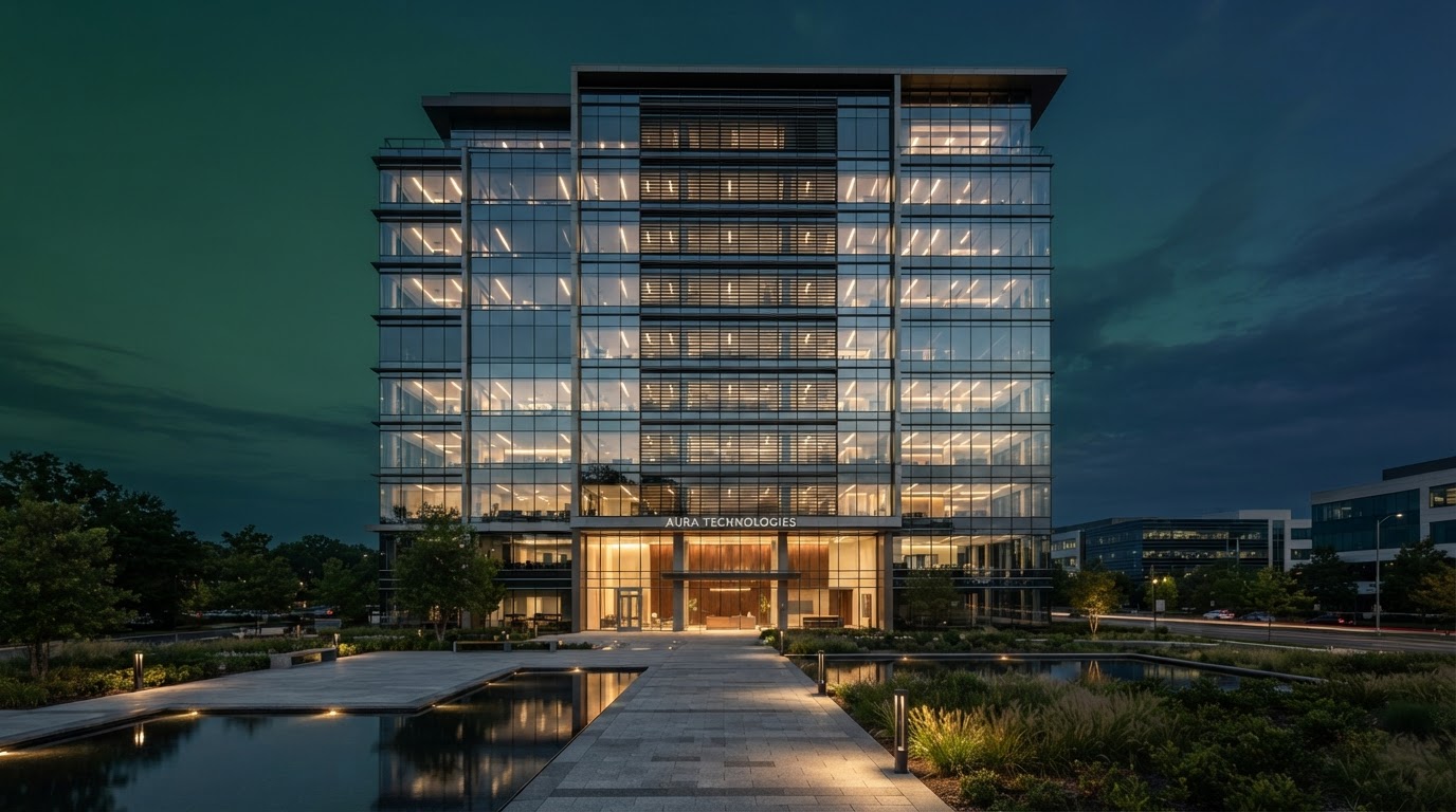 Modern commercial office building exterior at dusk