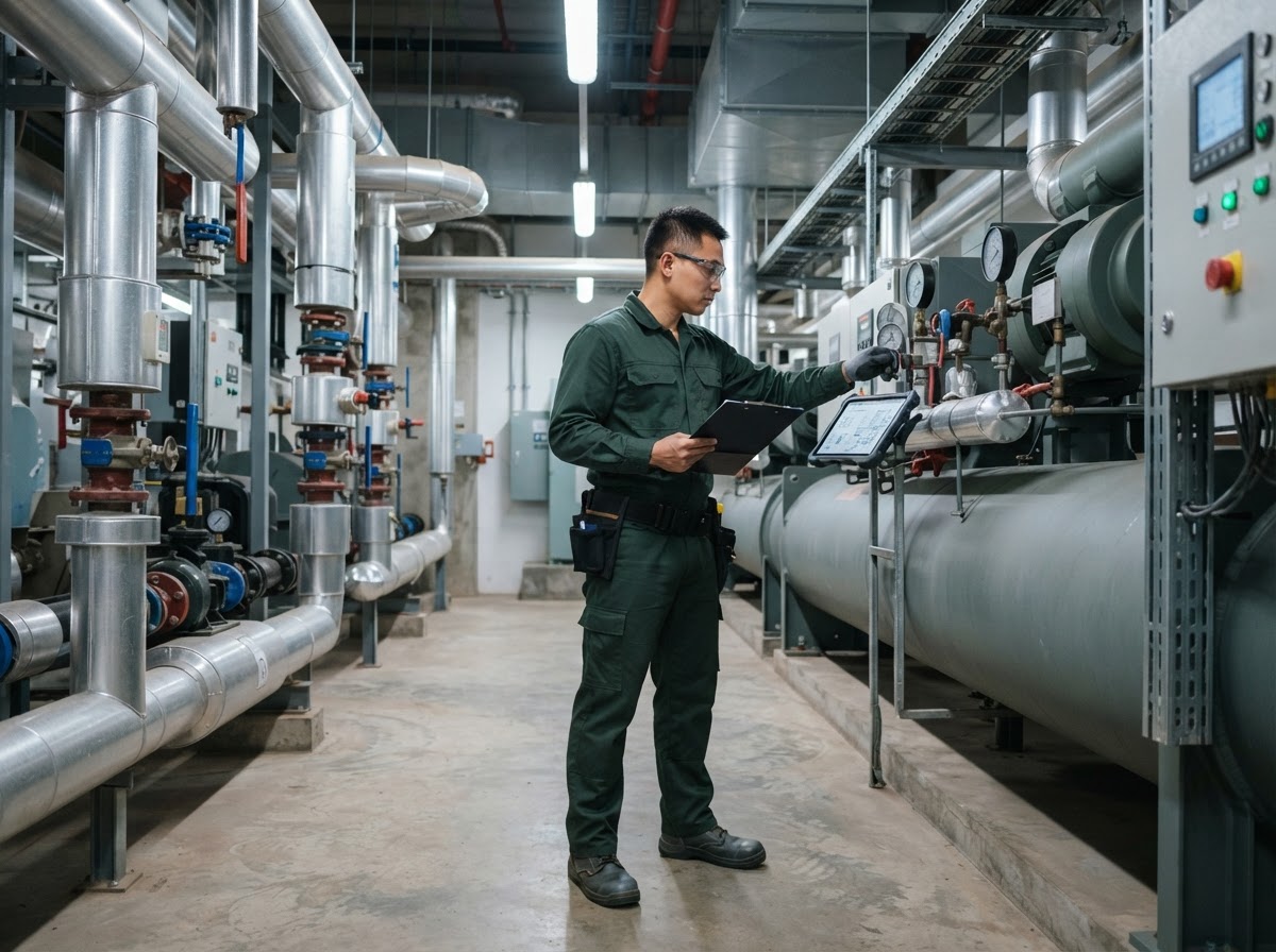 Maintenance engineer inspecting mechanical plant room in a commercial building