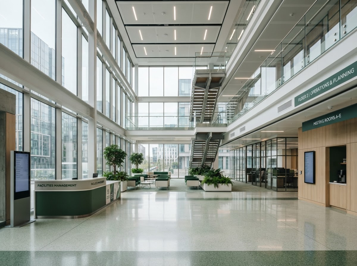 Modern commercial office building supported through facilities management