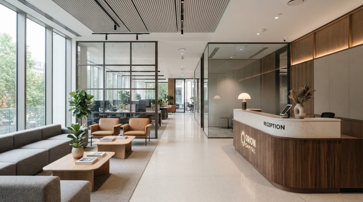 Modern office reception area with clean lines and warm accents