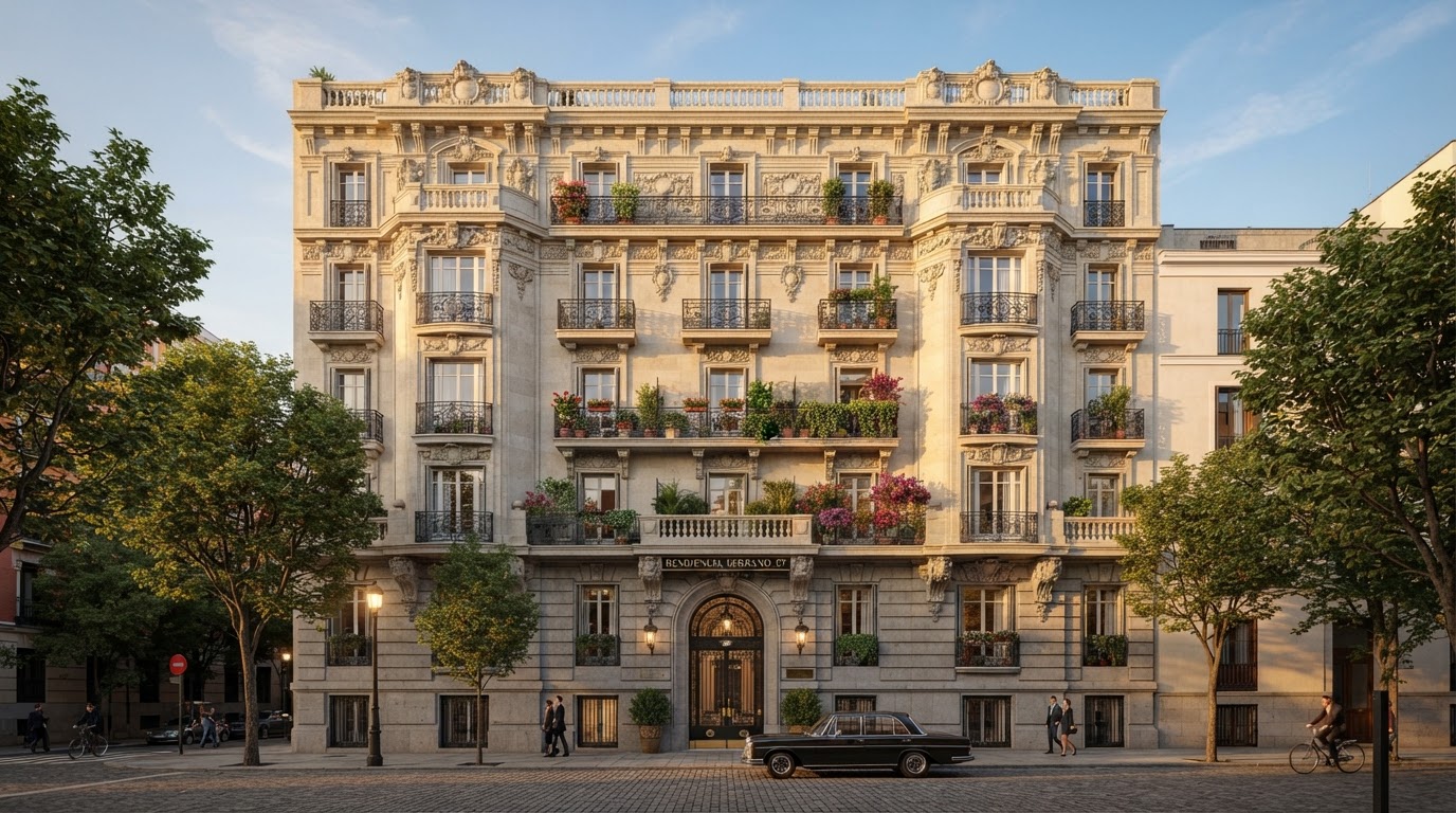 Fachada de edificio residencial de lujo en el barrio de Salamanca, Madrid