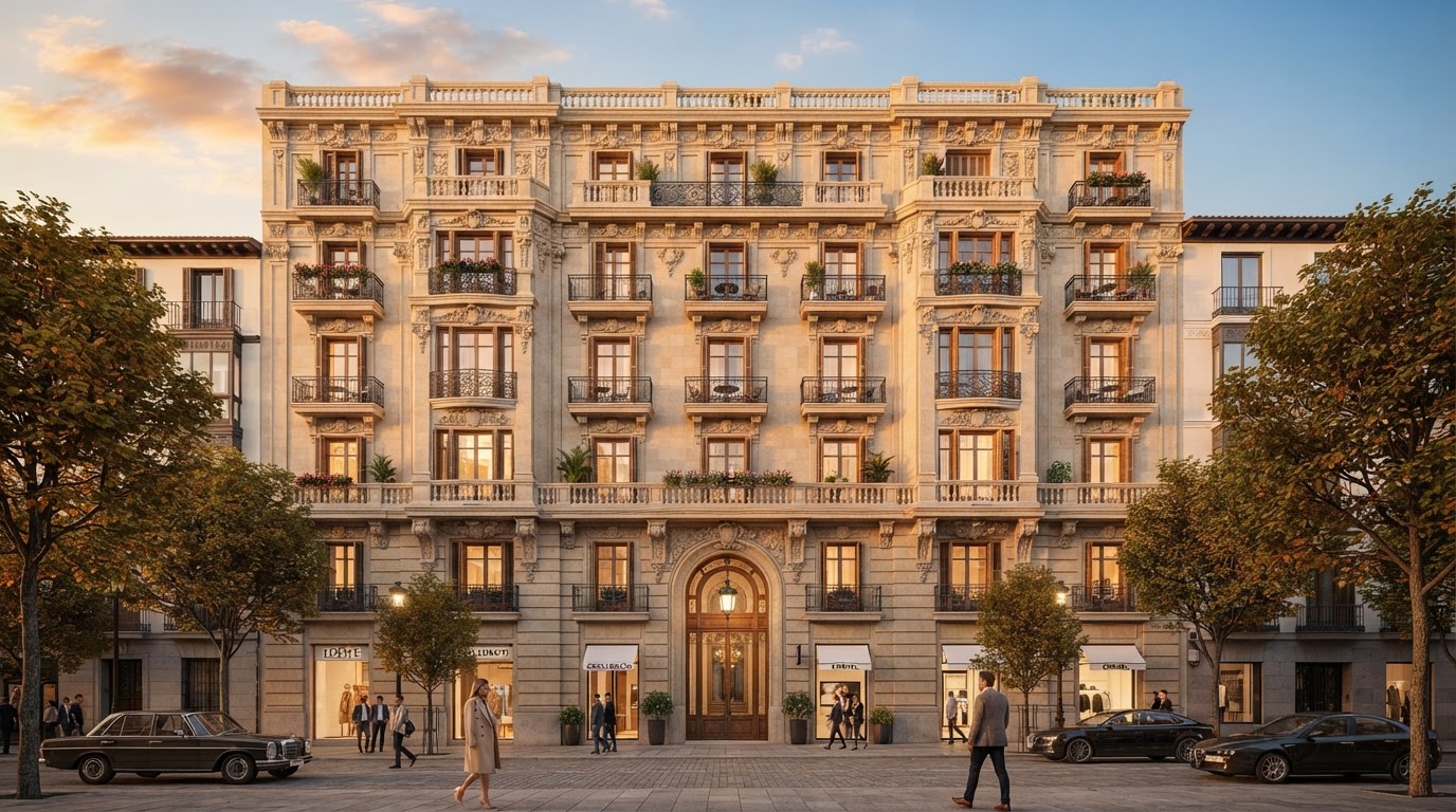 Fachada de edificio residencial de lujo en el barrio de Salamanca, Madrid al atardecer