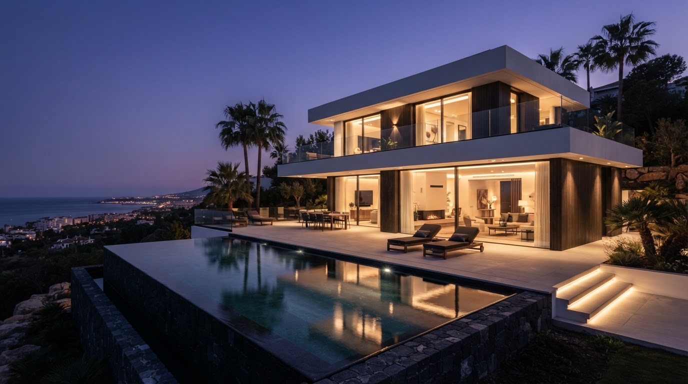 Villa de lujo en Marbella al anochecer