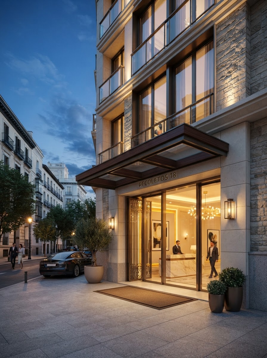 Entrada de edificio de apartamentos de lujo en el distrito de Salamanca, Madrid