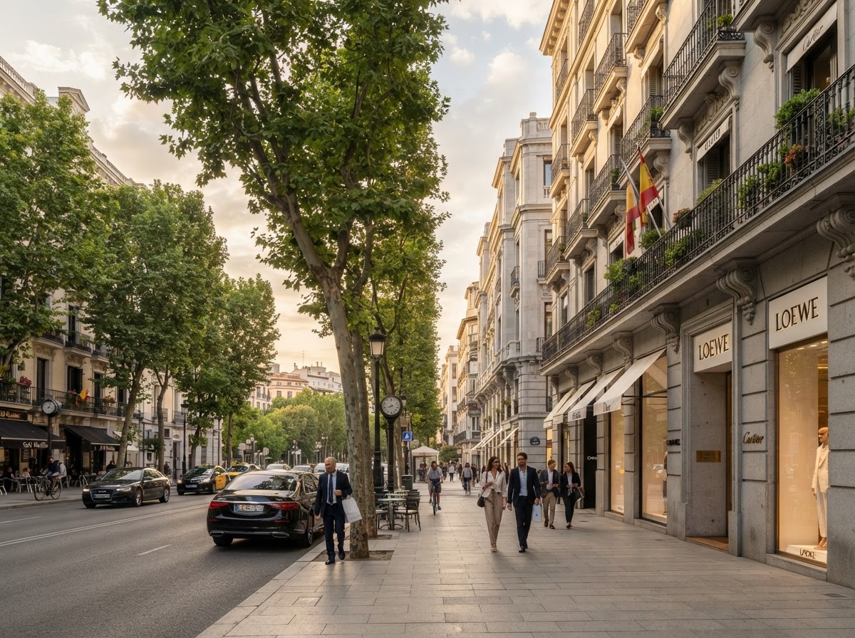 Avenida arbolada con edificios de lujo en el barrio de Salamanca, Madrid