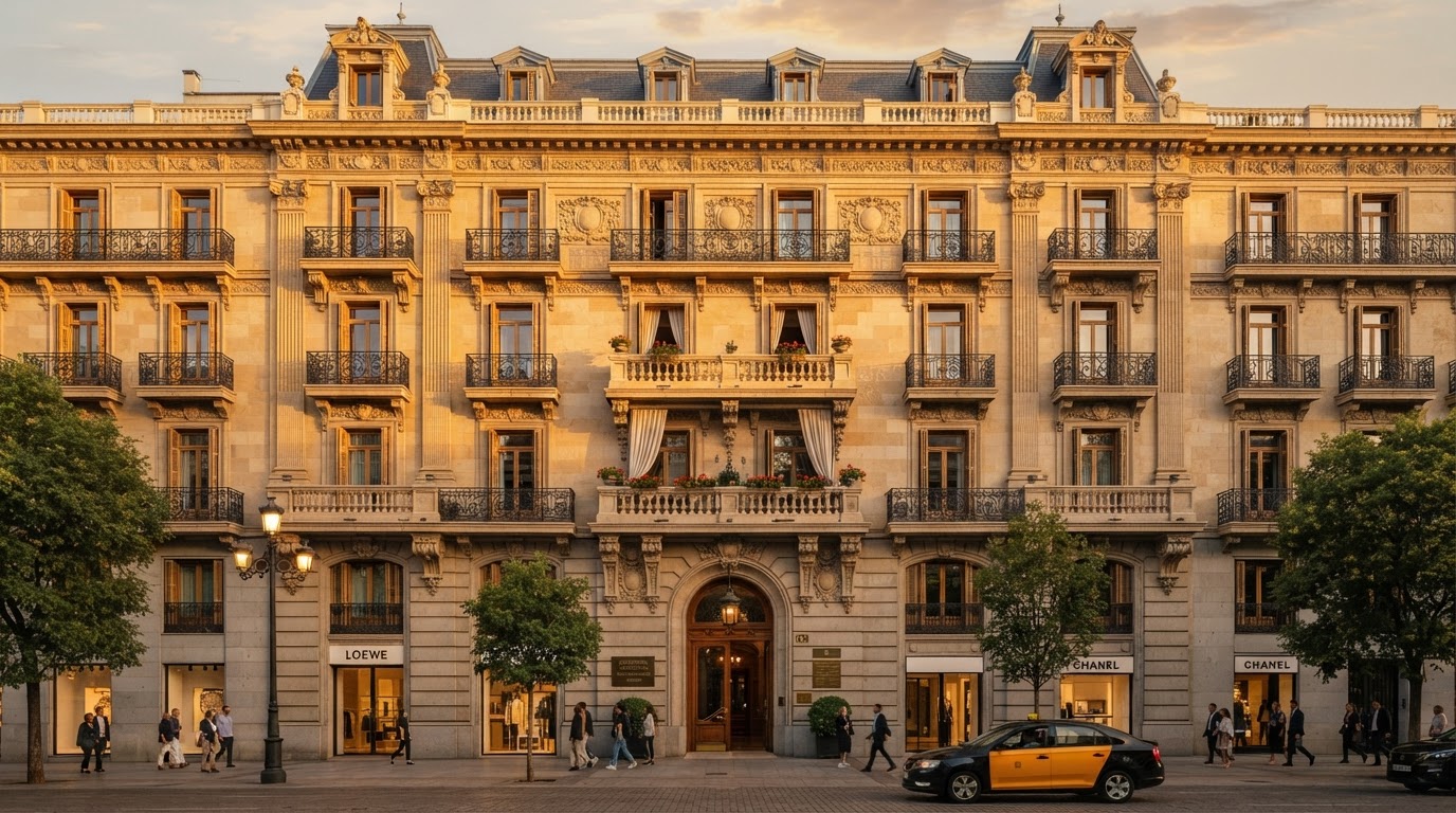Fachada aristocrática con balcones de hierro forjado en el barrio de Salamanca, Madrid