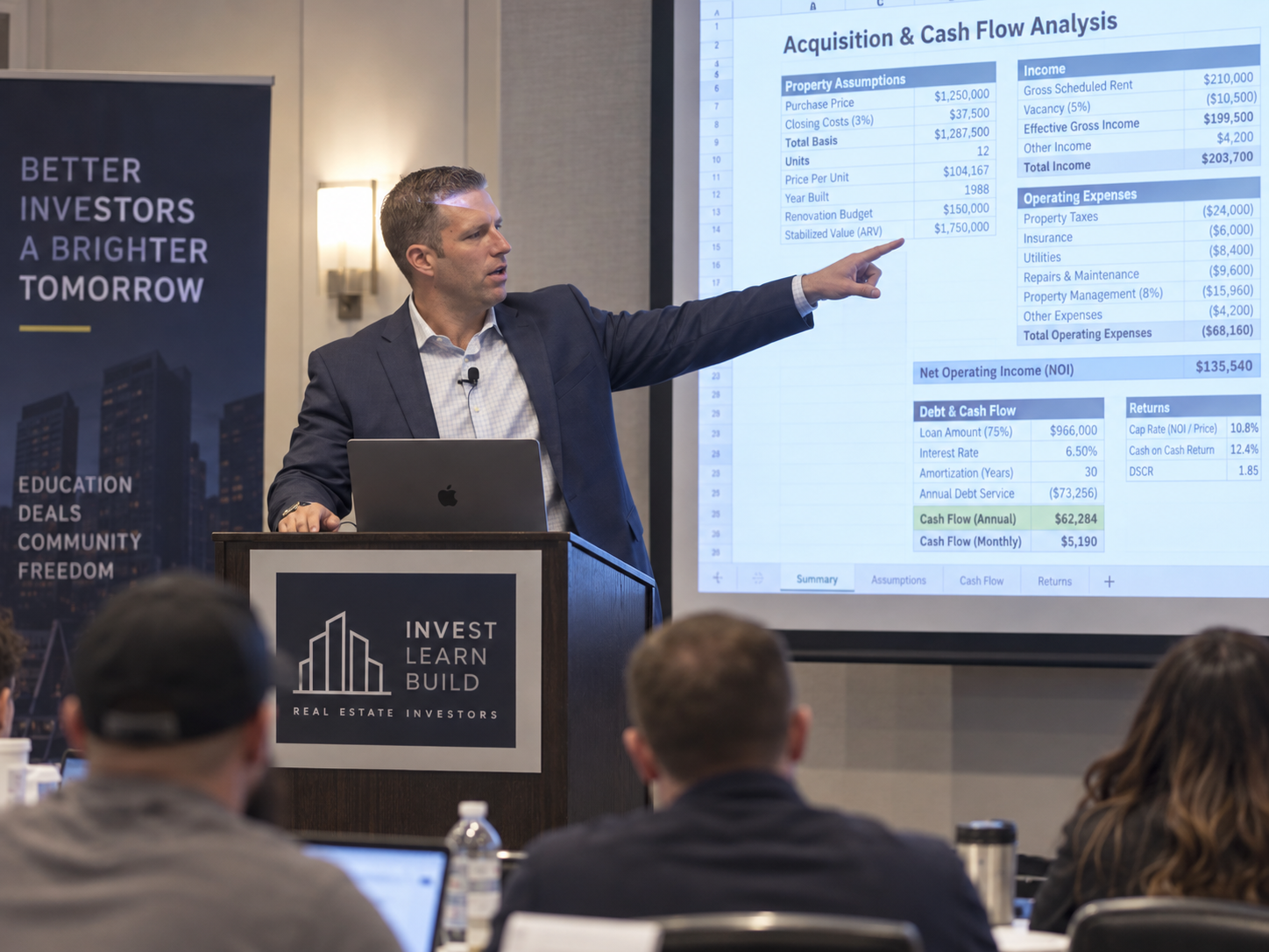 Matt Drouin teaching live deal analysis and cash flow modeling on screen