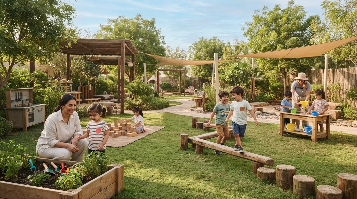 Young children enjoying outdoor activities with teachers in a green nursery garden in the UAE.