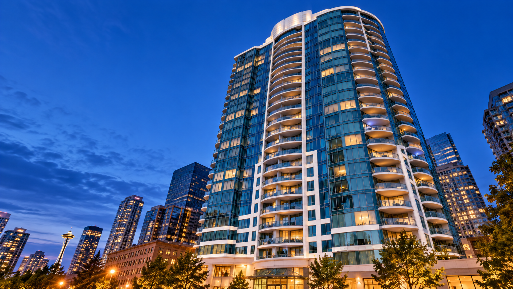 Escala luxury tower at twilight in downtown Seattle