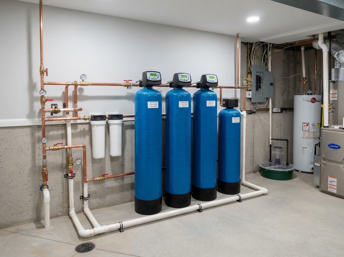Whole-home water filtration system with multiple blue and white tanks and copper piping in a bright residential basement