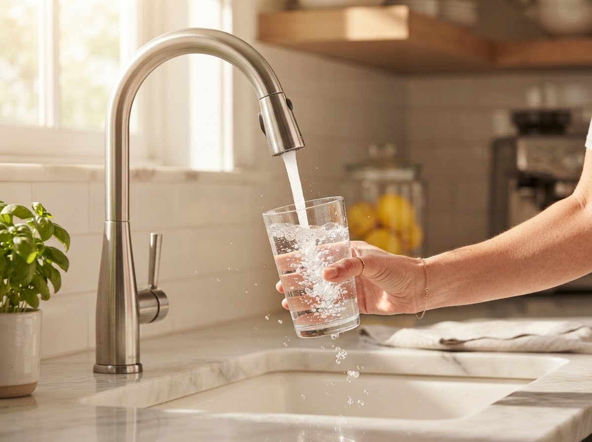 Clear pure drinking water pouring from sleek kitchen faucet into a clean glass