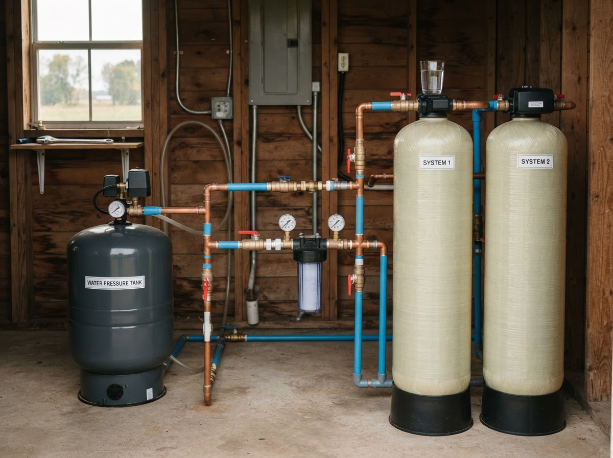 Private well water treatment system with oxidation filter tanks, pressure tank and gauges in a rural utility shed