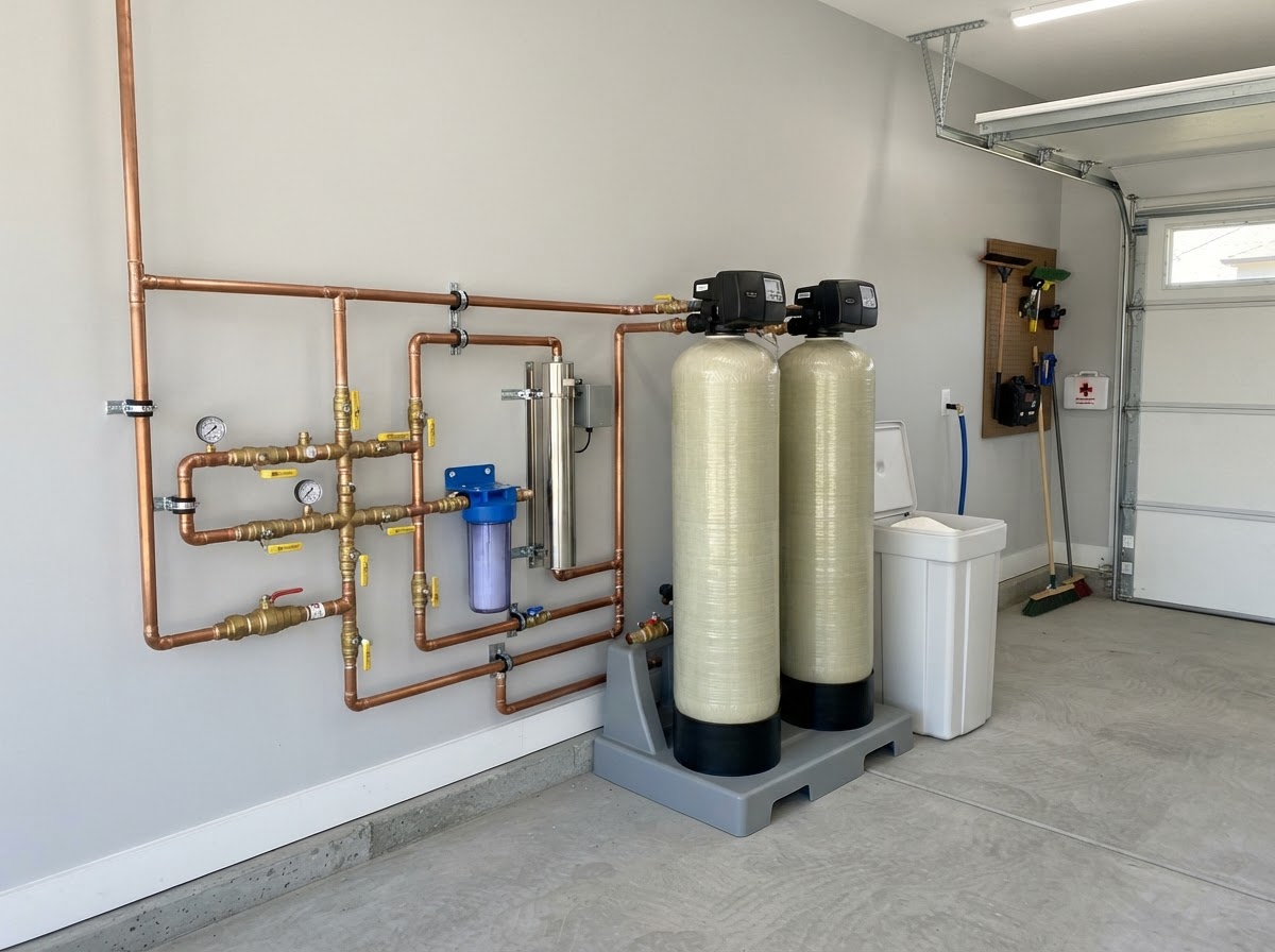 Whole-home city water treatment system with multiple filtration tanks and bypass valves in a residential garage