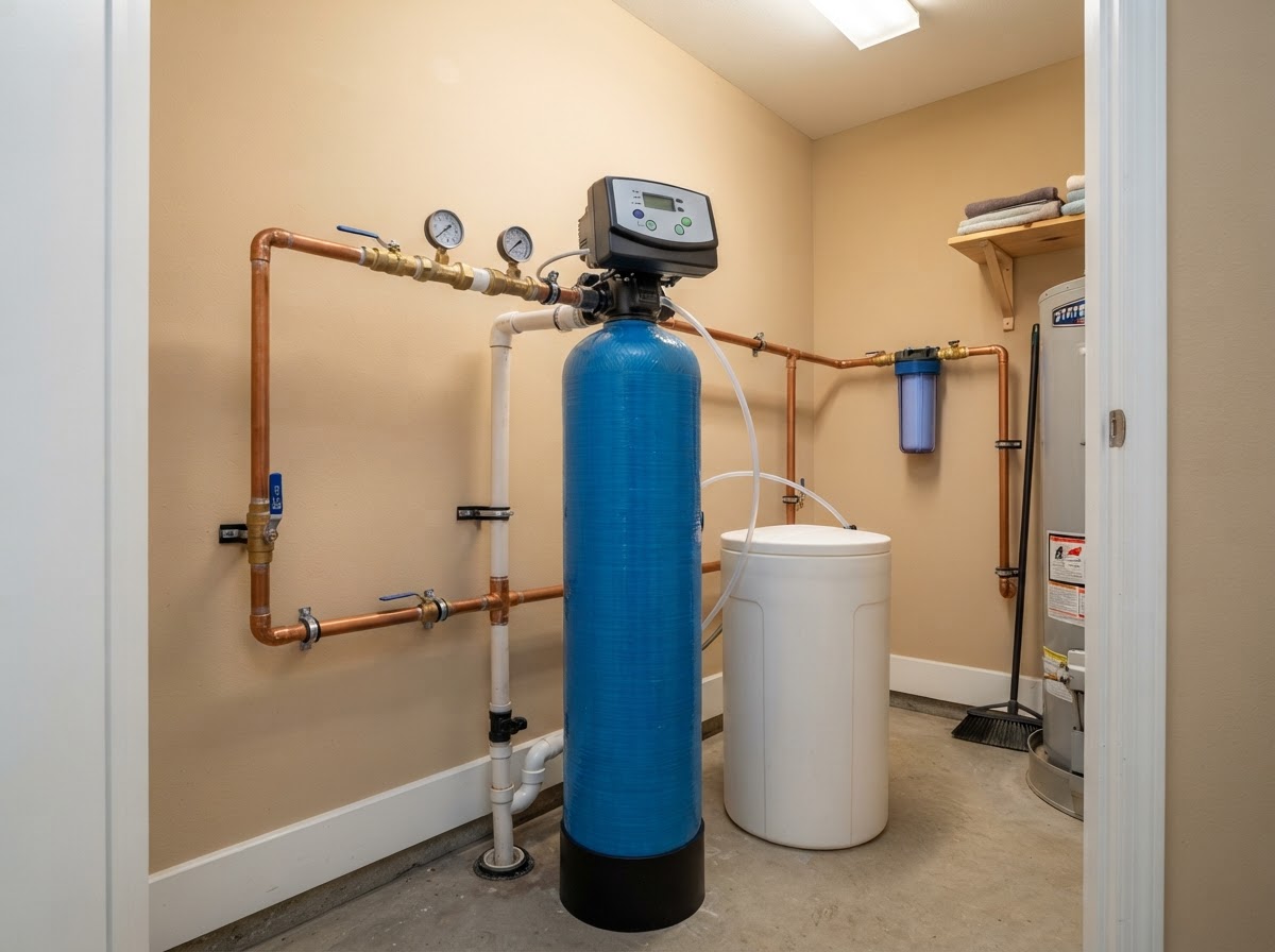 Tall water softener resin tank with digital control valve installed in a tidy utility closet