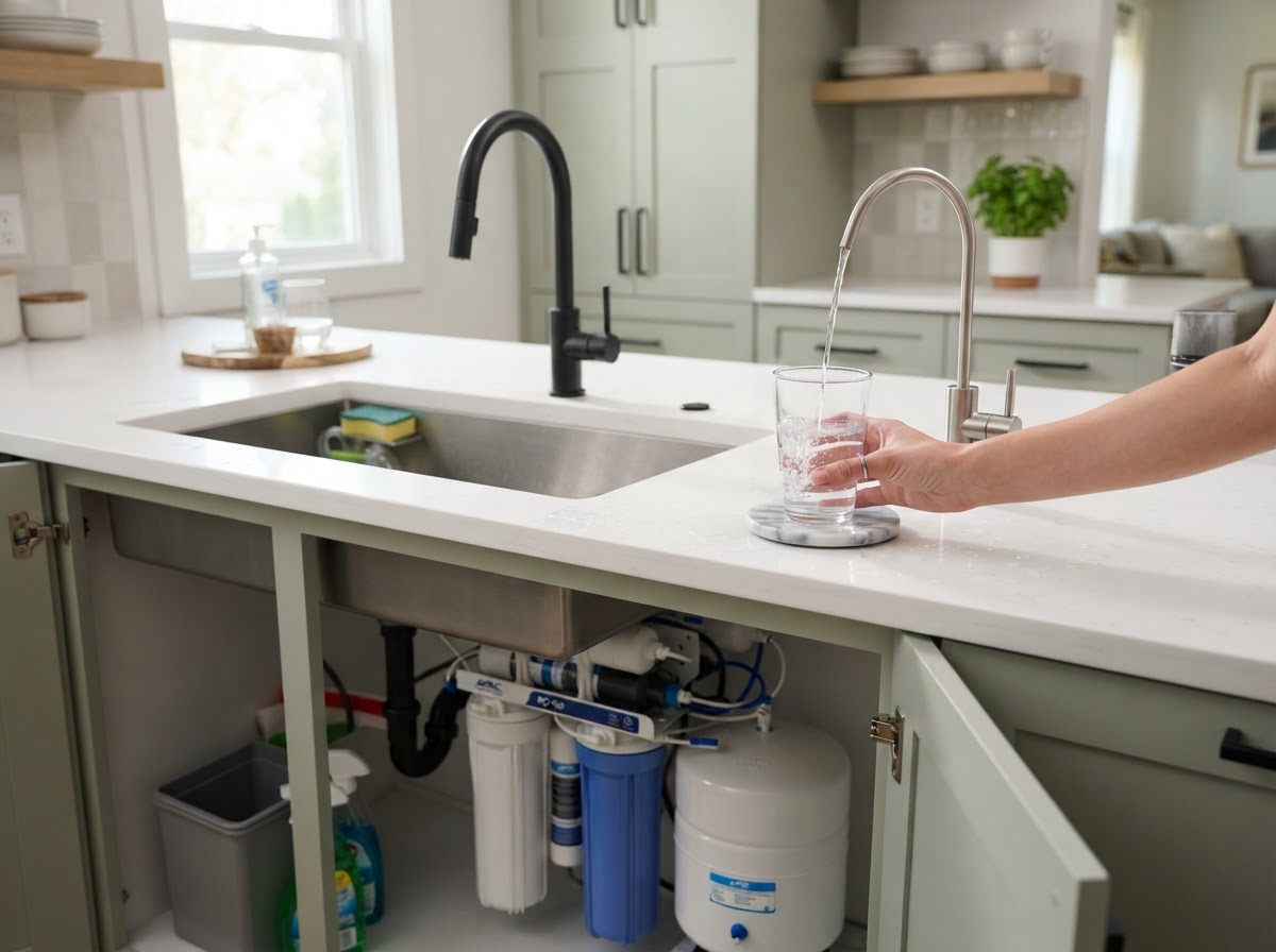 Modern kitchen with a dedicated reverse osmosis drinking water faucet pouring clear water into a glass