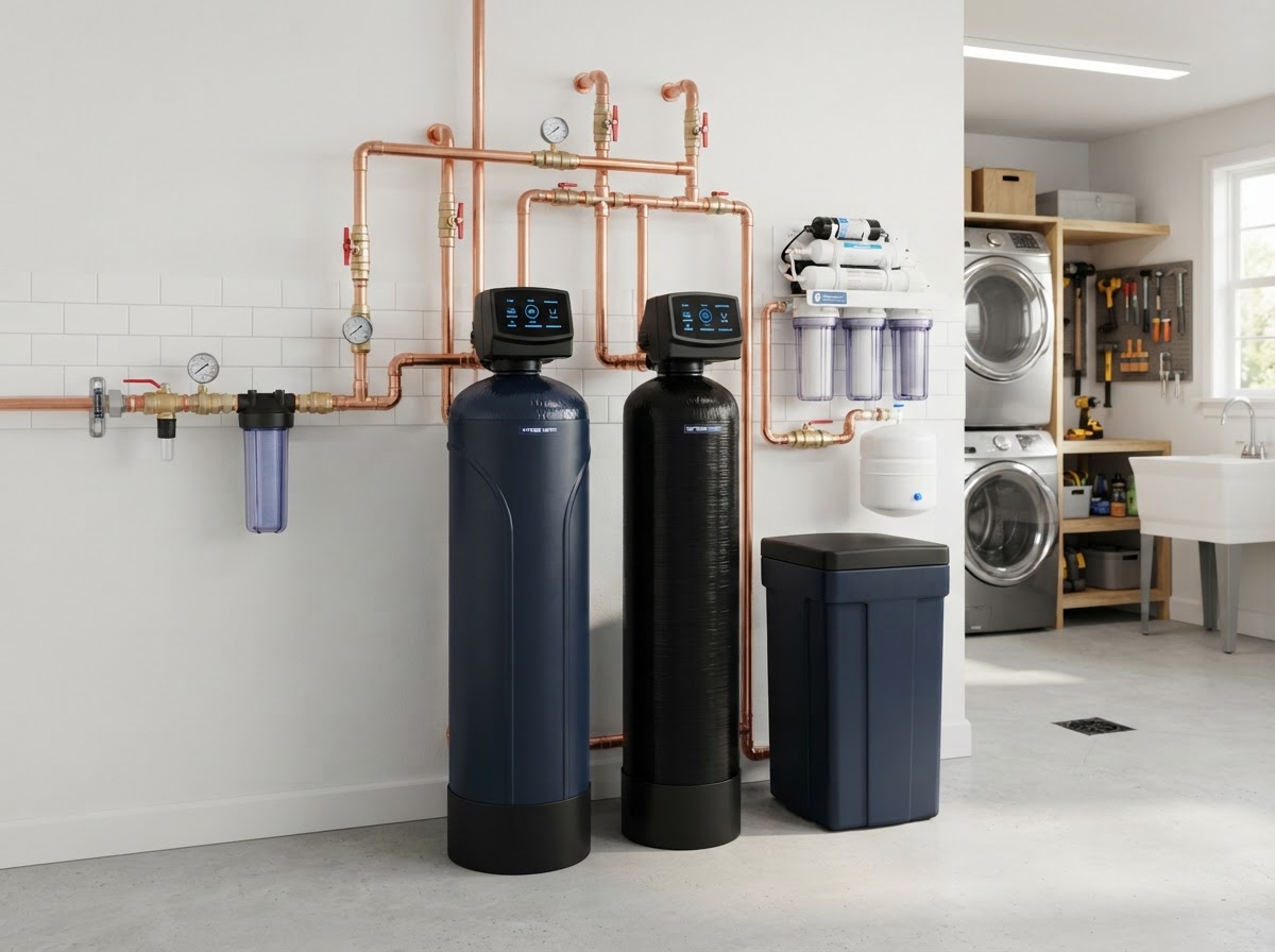 Professional whole-home water treatment setup with digital water conditioner, resin tanks, and under-sink reverse osmosis system