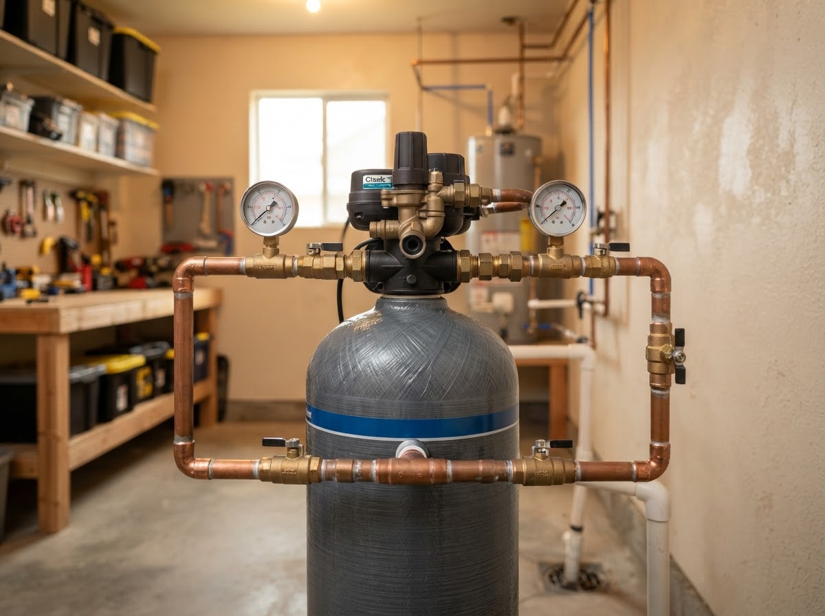 Backwashing catalytic carbon water filter tank with pressure gauges in a garage utility area