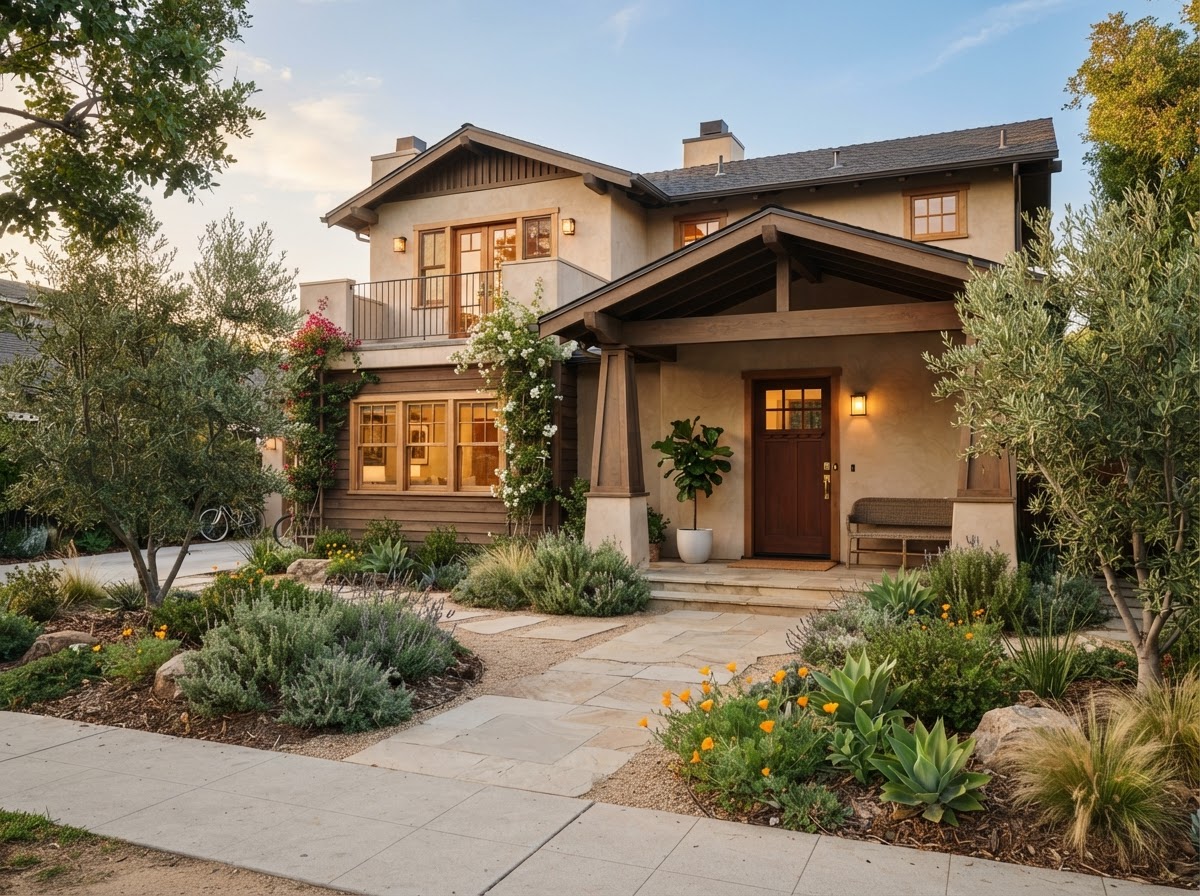 A welcoming, well-maintained Los Angeles residential home with a stone walkway leading to a warm front entrance at golden hour