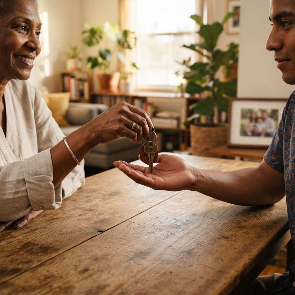 Two pairs of hands passing a house key across a warm wooden desk