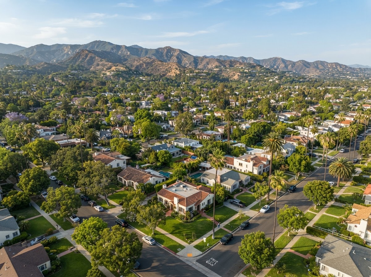 Elevated wide angle view of a calm tree lined Los Angeles residential neighborhood