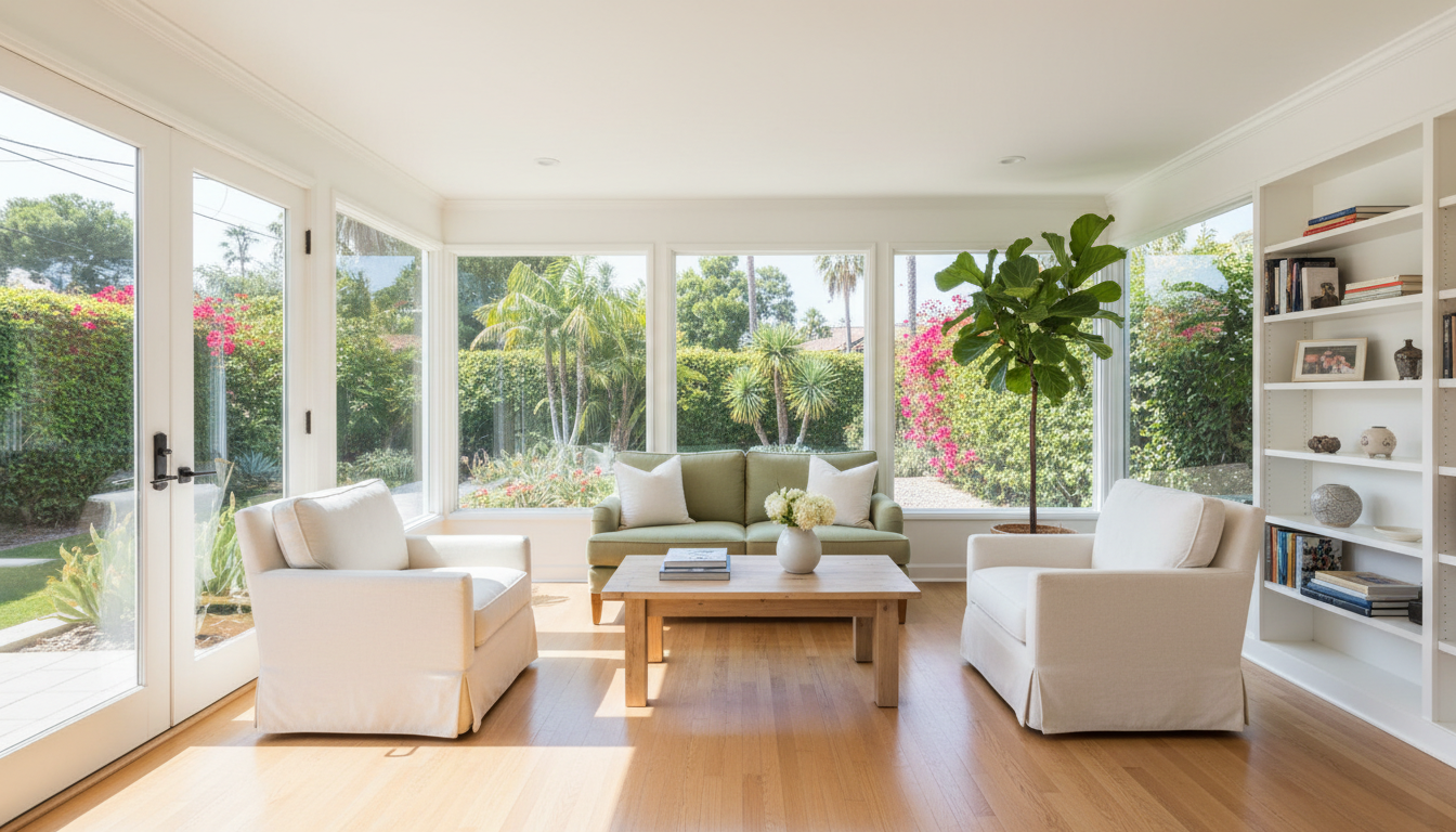 Shared living area with comfortable seating and large windows in a residential home