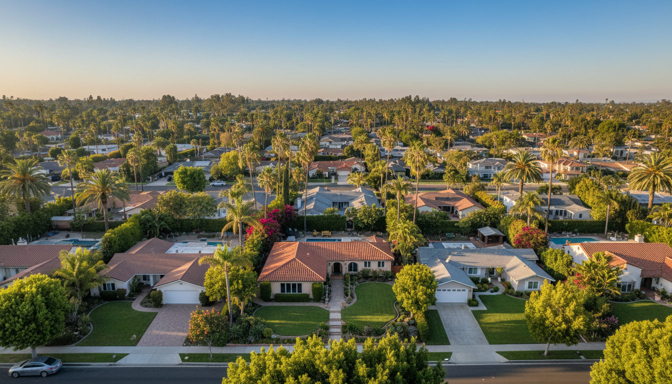 Aerial view of residential neighborhoods in Los Angeles with tree lined streets