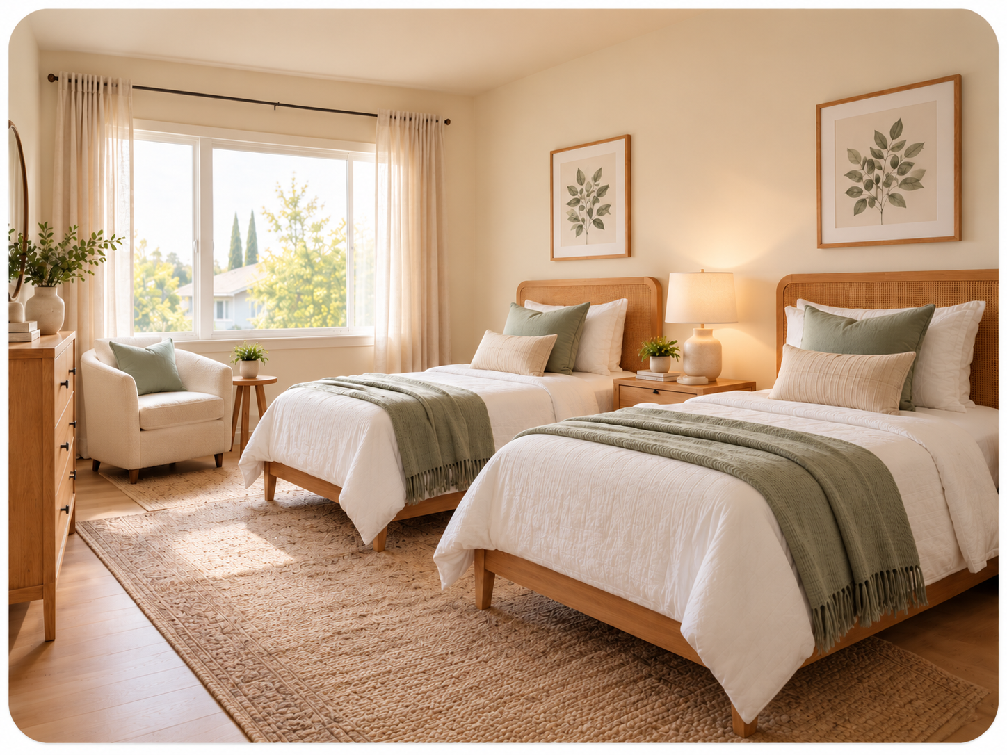 Bedroom with twin beds, nightstand, warm lighting, and window within a residential home