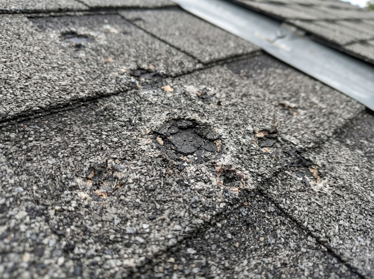 Close-up of hail impact marks on a roof shingle