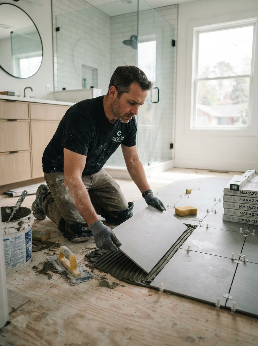 Professional Tile Setter Installing Ceramic Floor Tiles