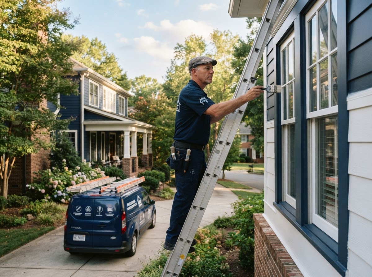 Professional painter on a ladder painting a Charlotte home exterior