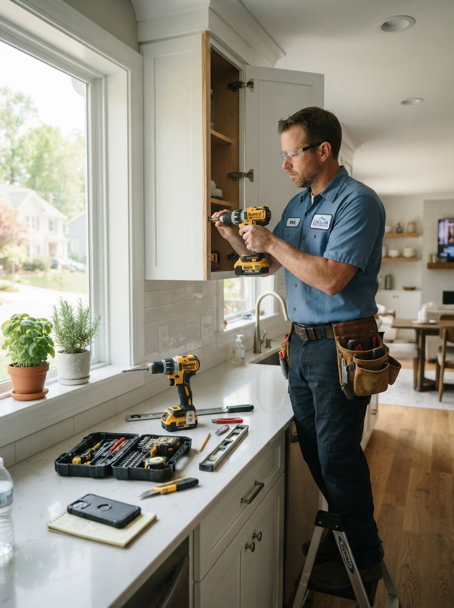 Professional Handyman Fixing a Kitchen Cabinet