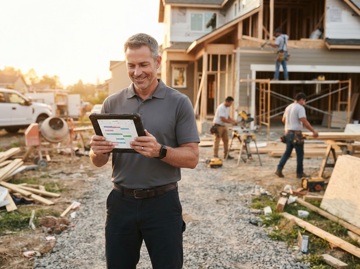 Confident contractor owner reviewing a booked calendar on a tablet at a job site