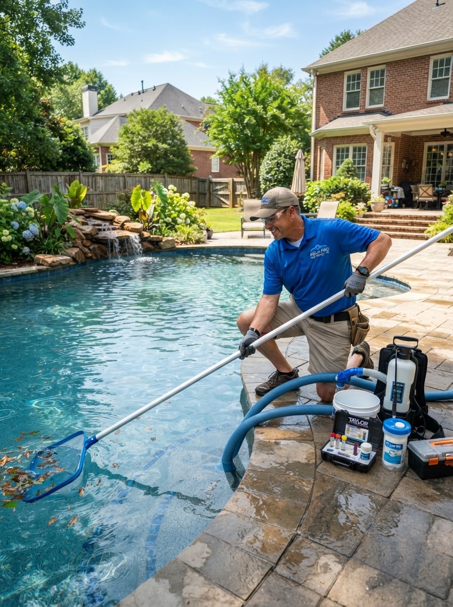 Professional Pool Service Technician Cleaning a Pool
