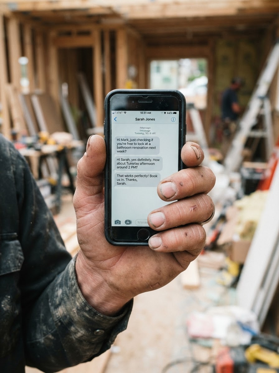 Contractor holding phone with Ozlon AI chat conversation