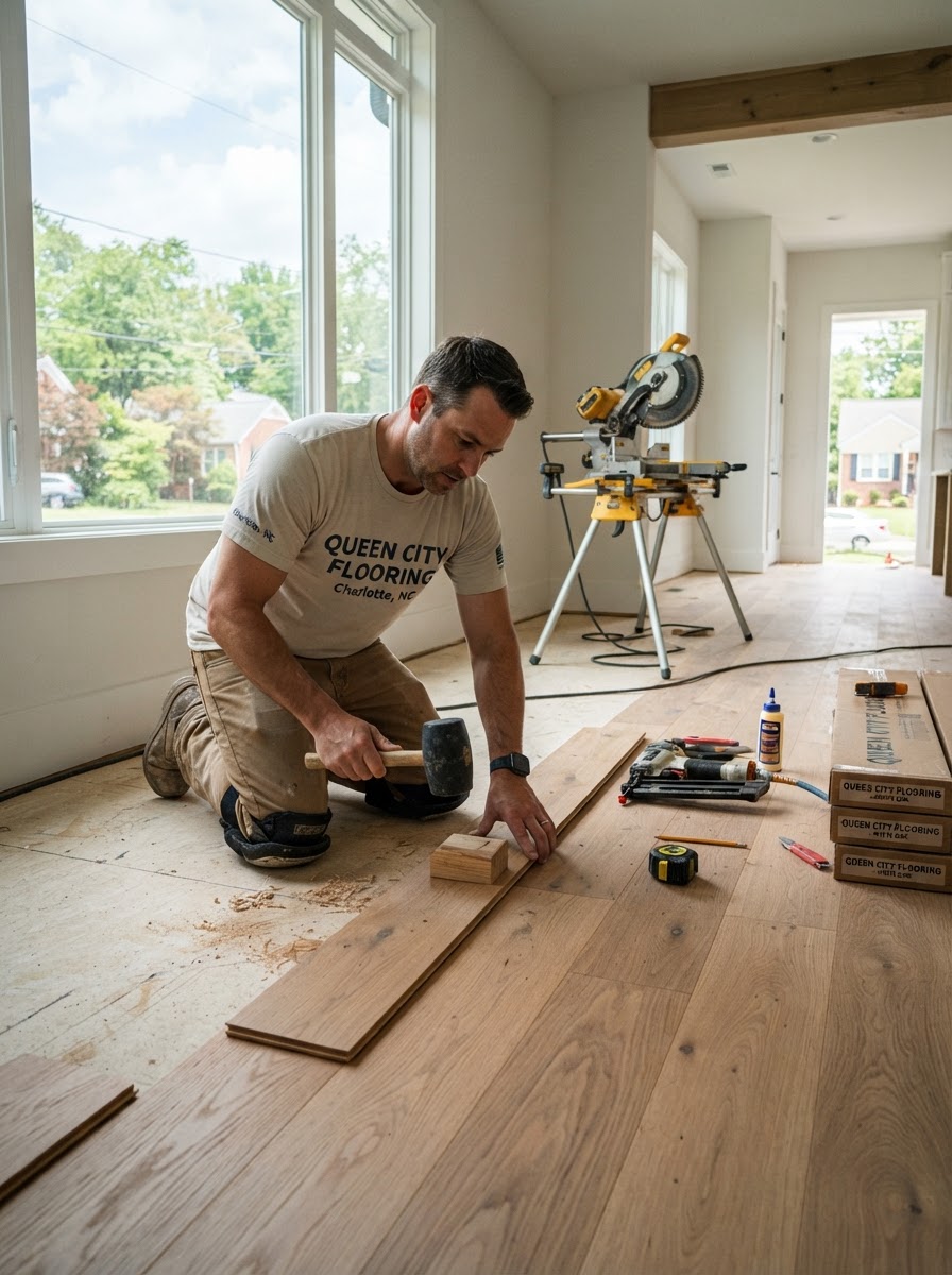 Professional Flooring Installer Laying Hardwood Flooring