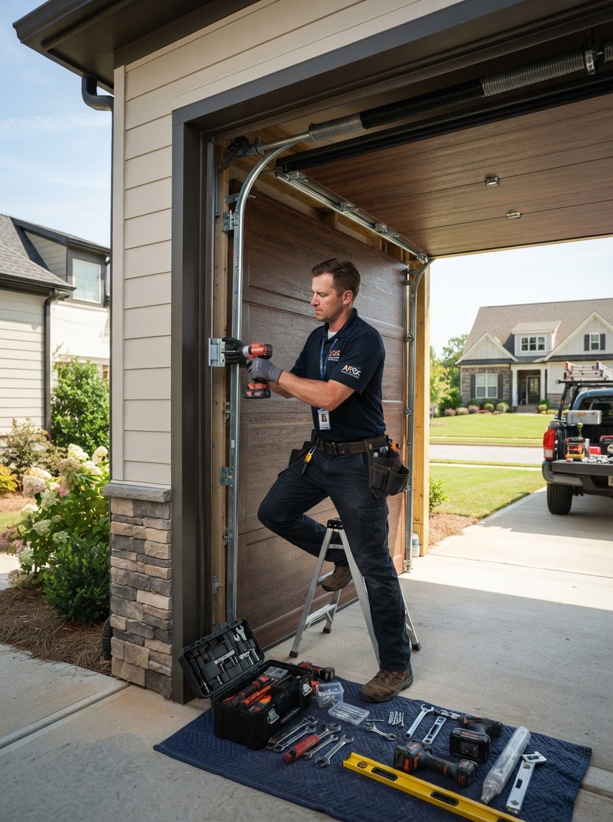 Professional Garage Door Technician Installing a Door