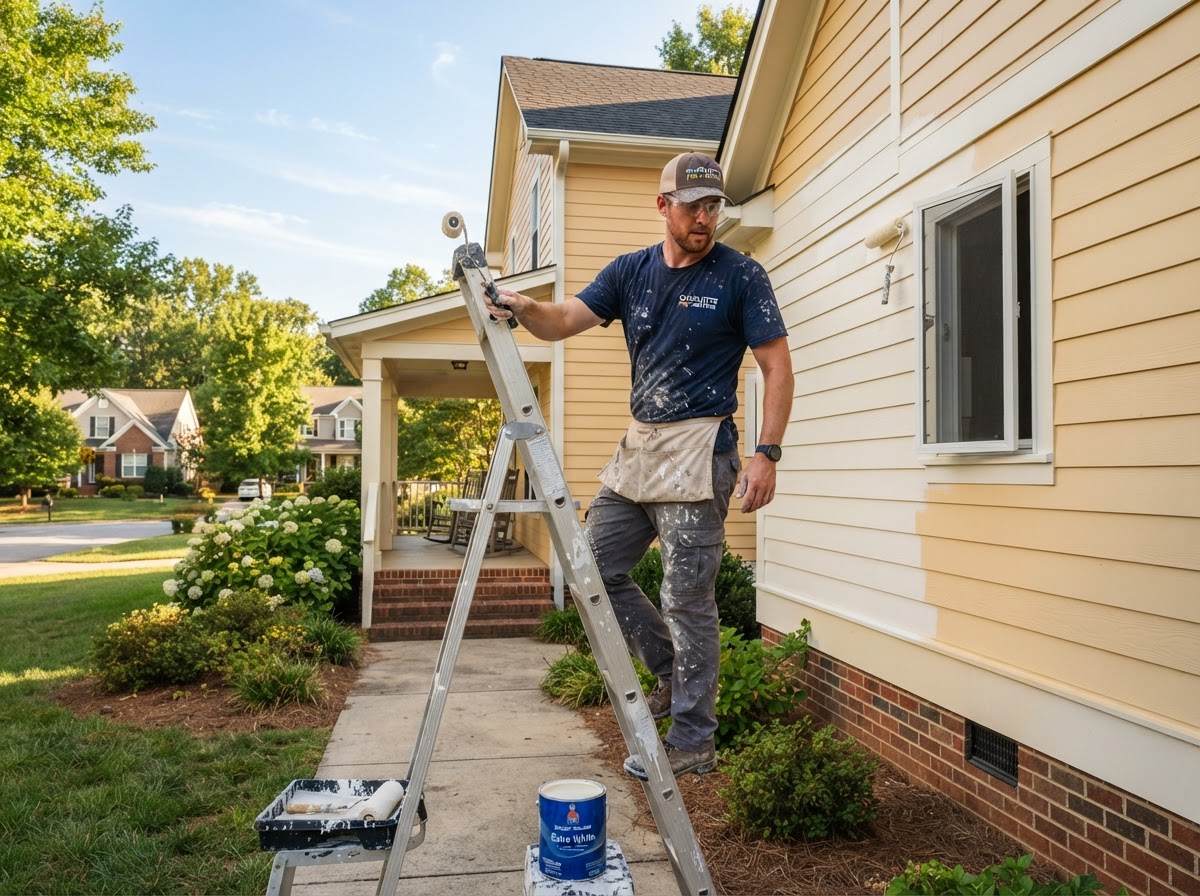 Professional painter working on a ladder on a Charlotte NC home