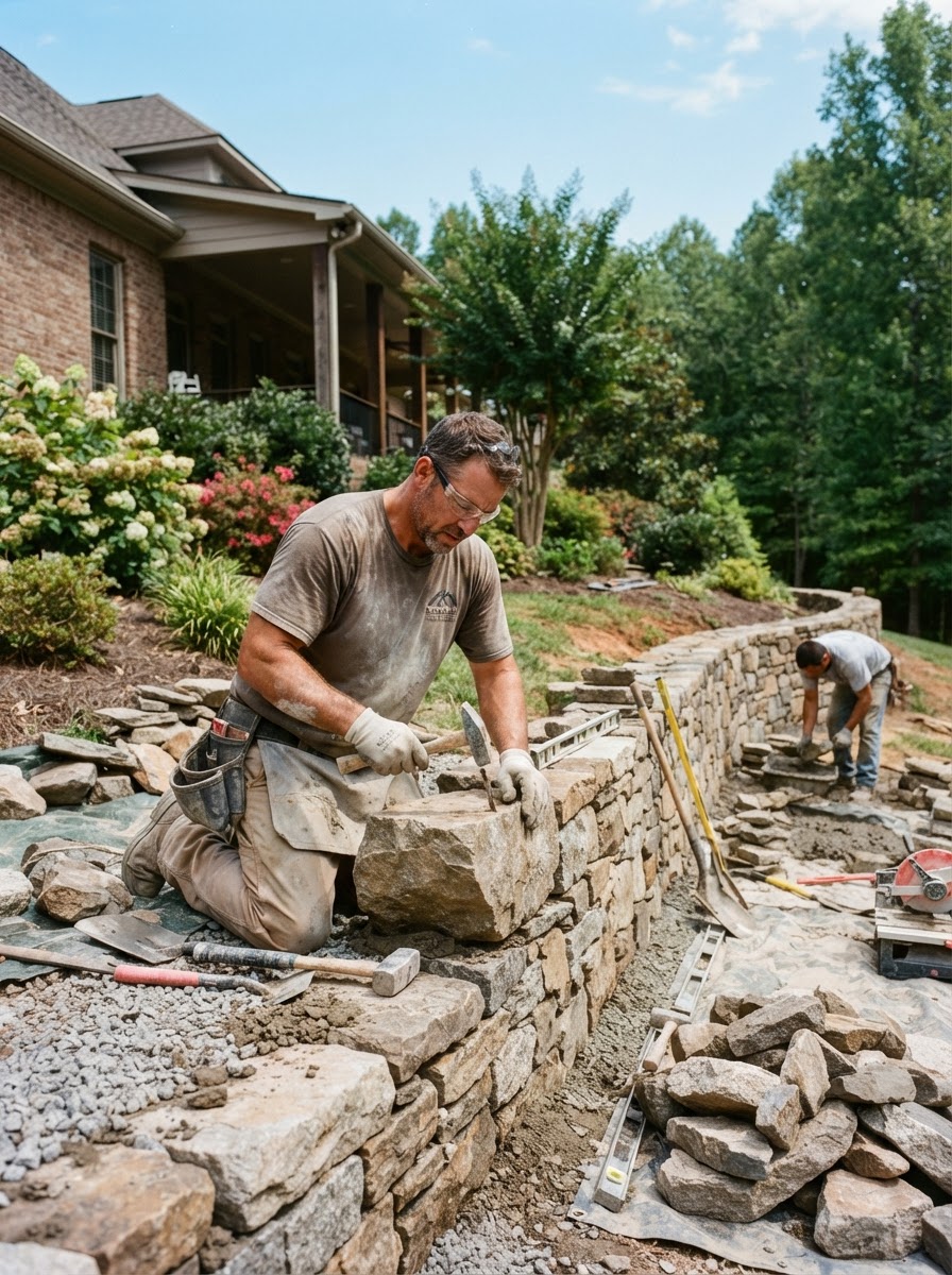 Professional Masonry Contractor Building a Stone Retaining Wall