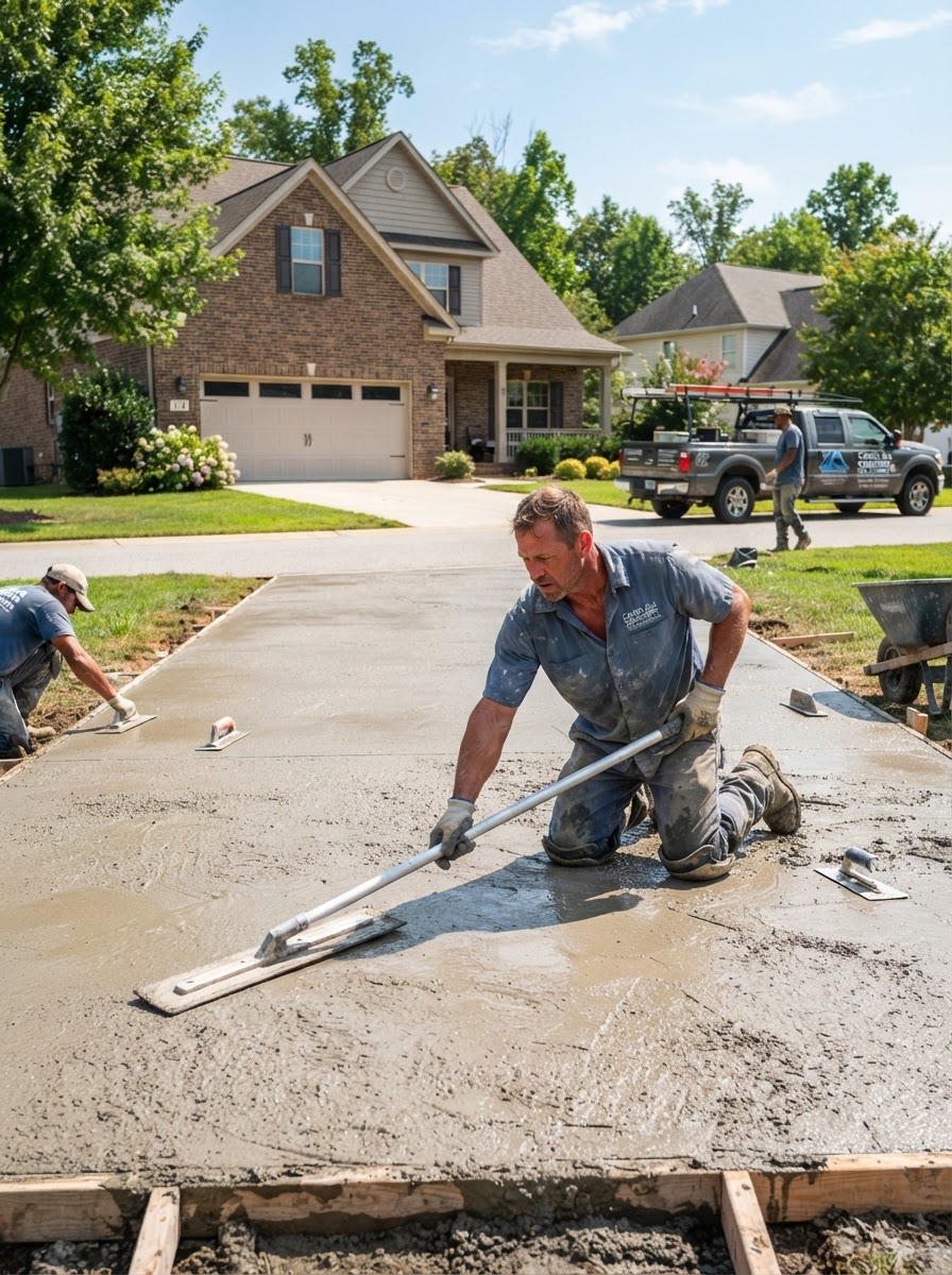 Professional Concrete Contractor Finishing a Driveway Pour