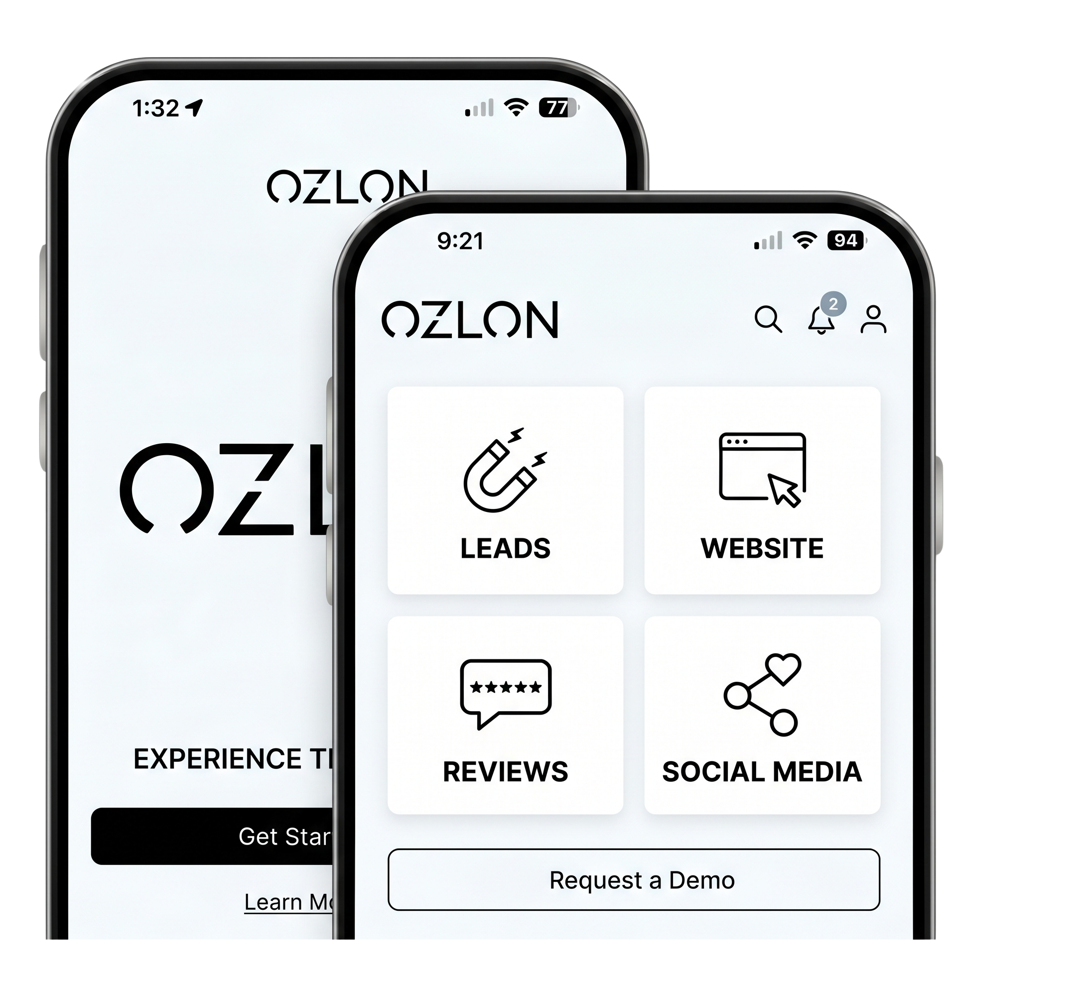 Ozlon mobile app showing Leads, Website, Reviews, and Social Media on phone
