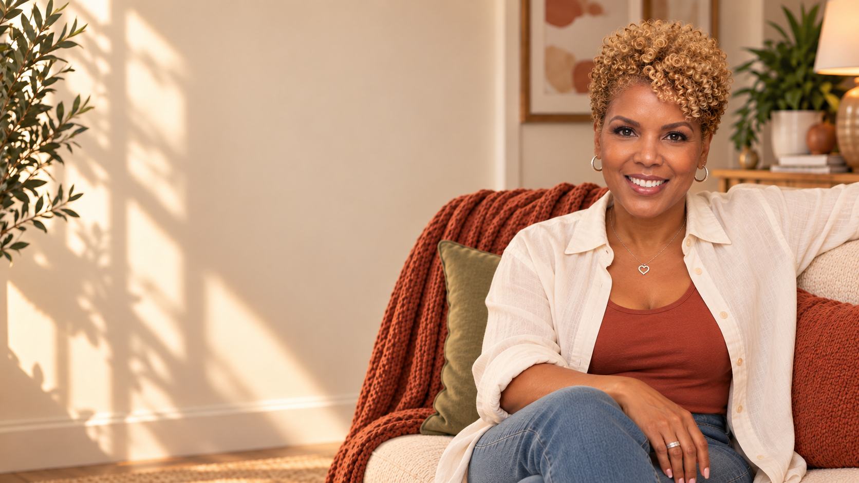 Sherrain seated comfortably at home, smiling warmly