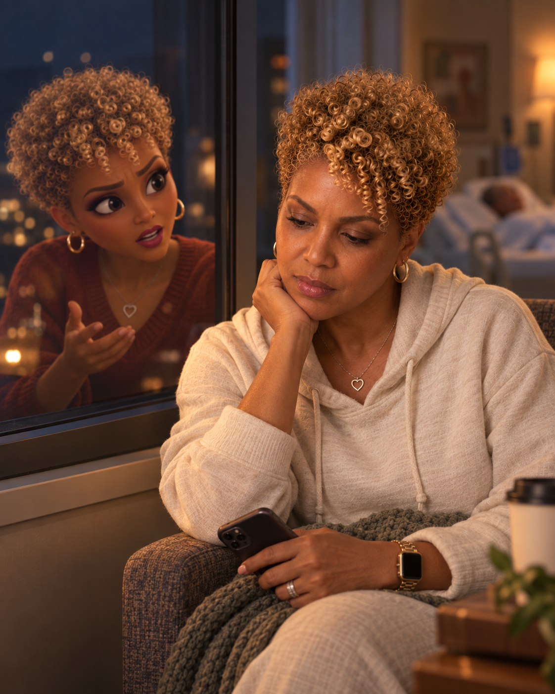 Sherrain in a hospital chair holding her phone, with animated Rayne speaking to her in the window reflection