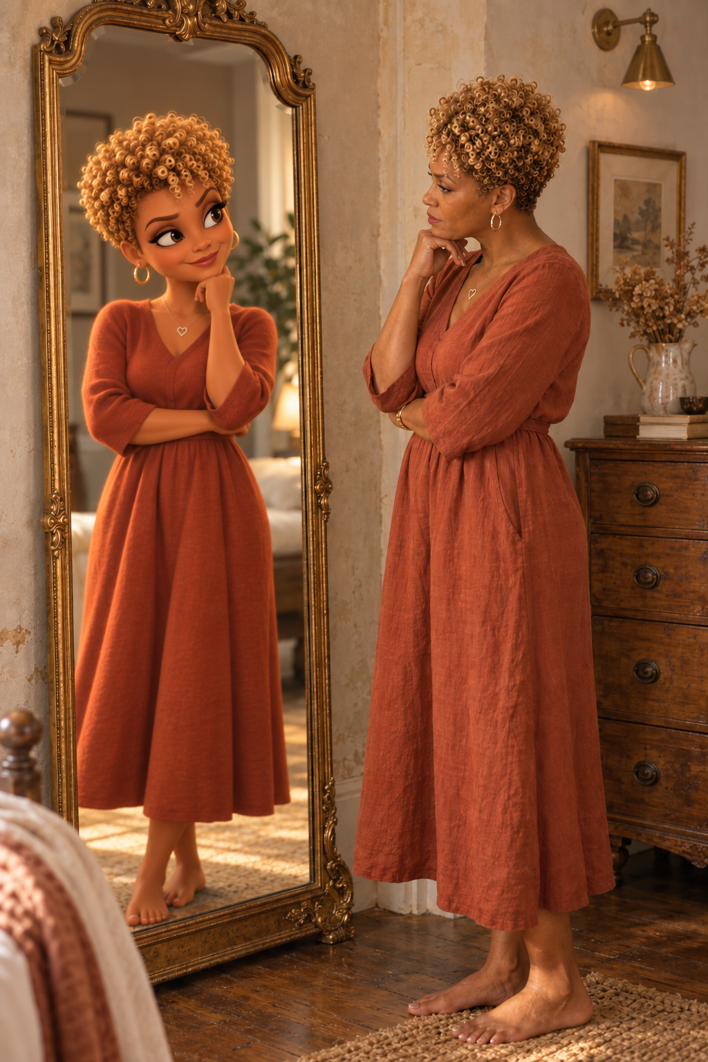 Sherrain looking into the mirror with Rayne reflection