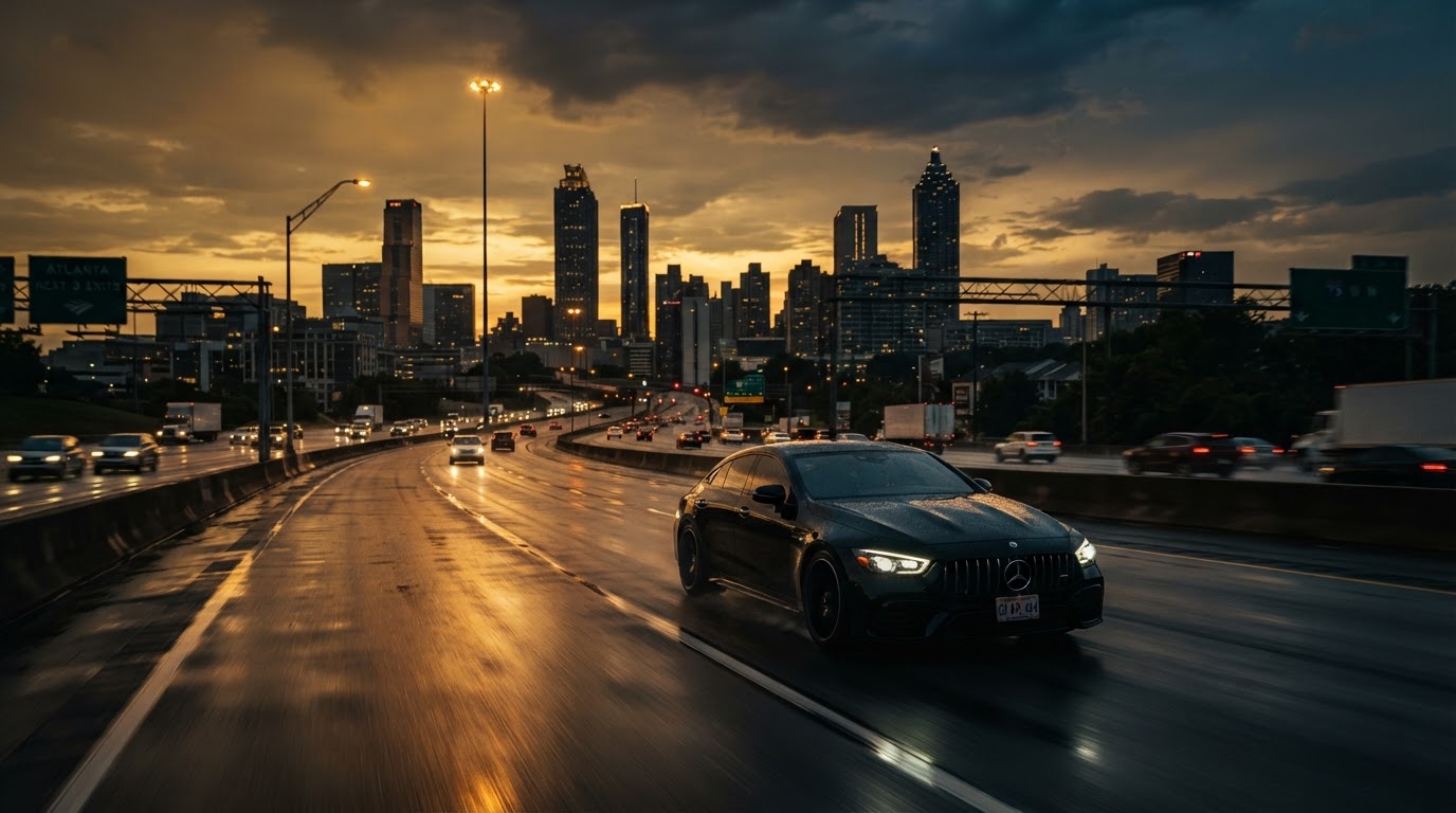 Sedan driving on an Atlanta highway at dusk