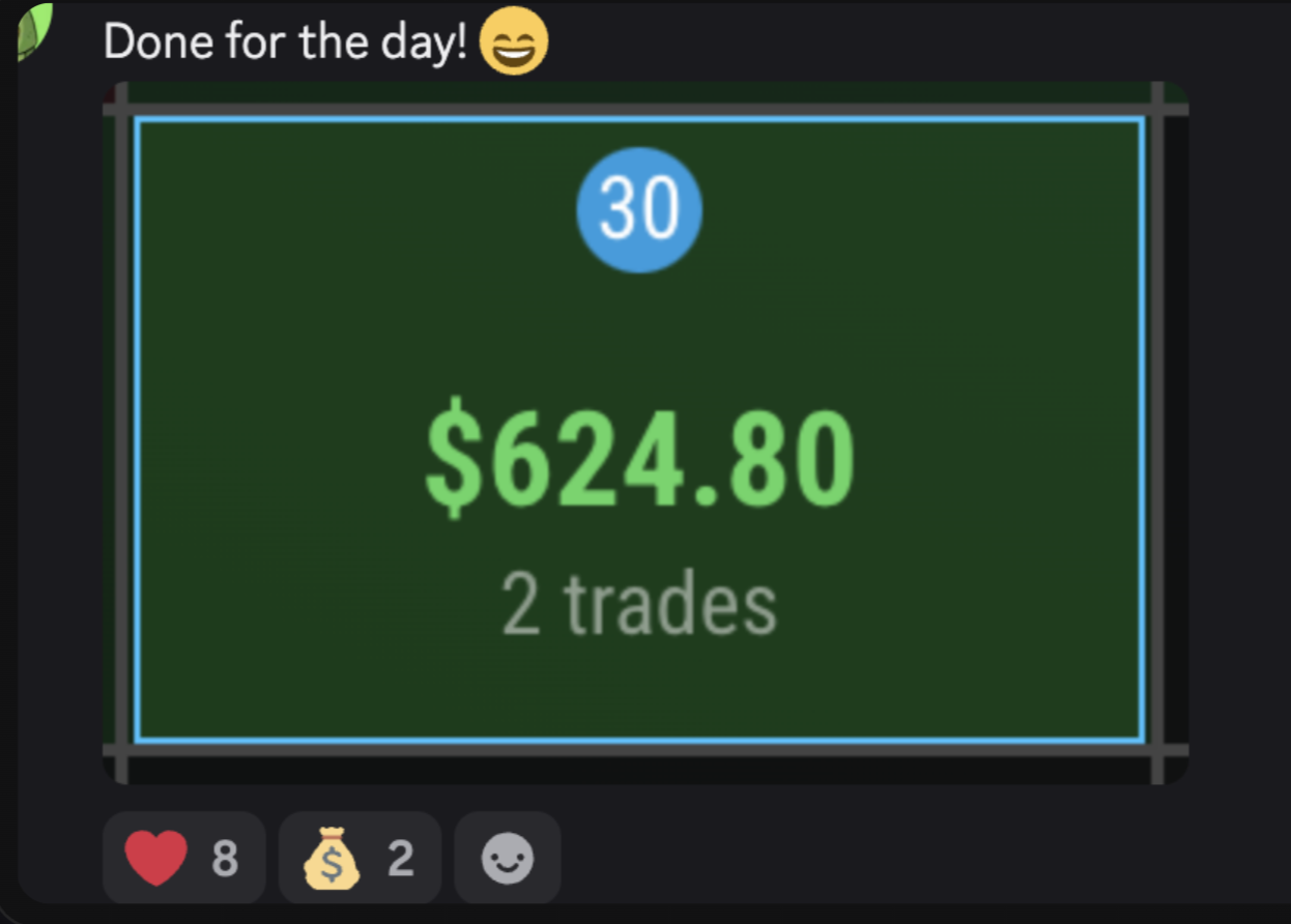 Student trade card showing $624.80 profit across 2 trades