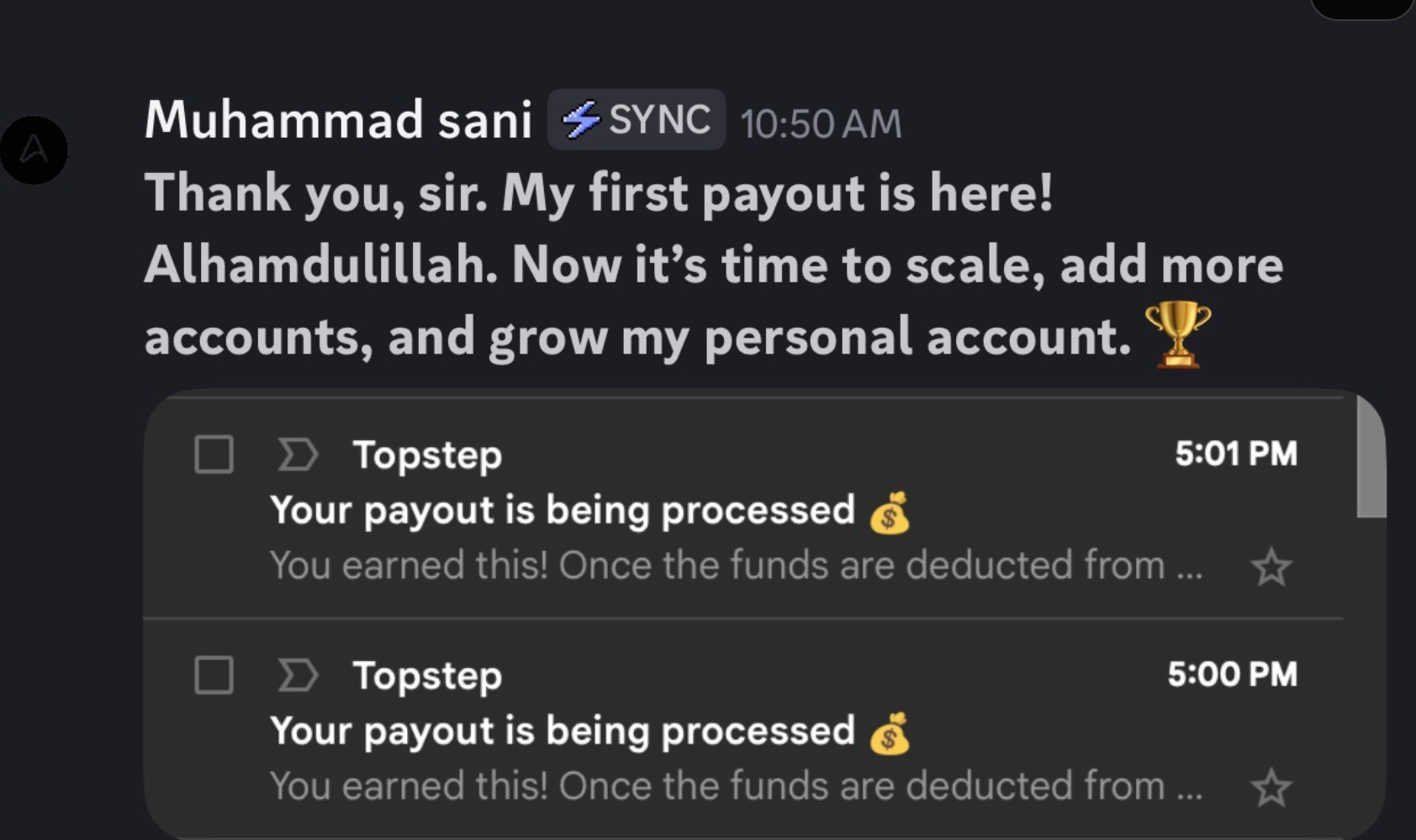 Topstep funded account payout confirmation message from Muhammad sani