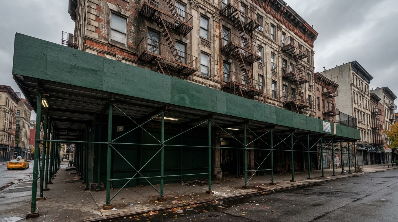 Aging building facade with parapet and sidewalk shed