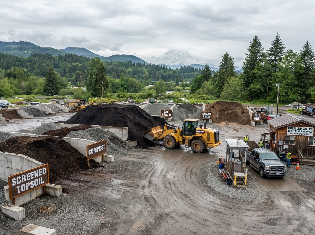 Bulk landscape materials yard with piles of topsoil, compost, and aggregate