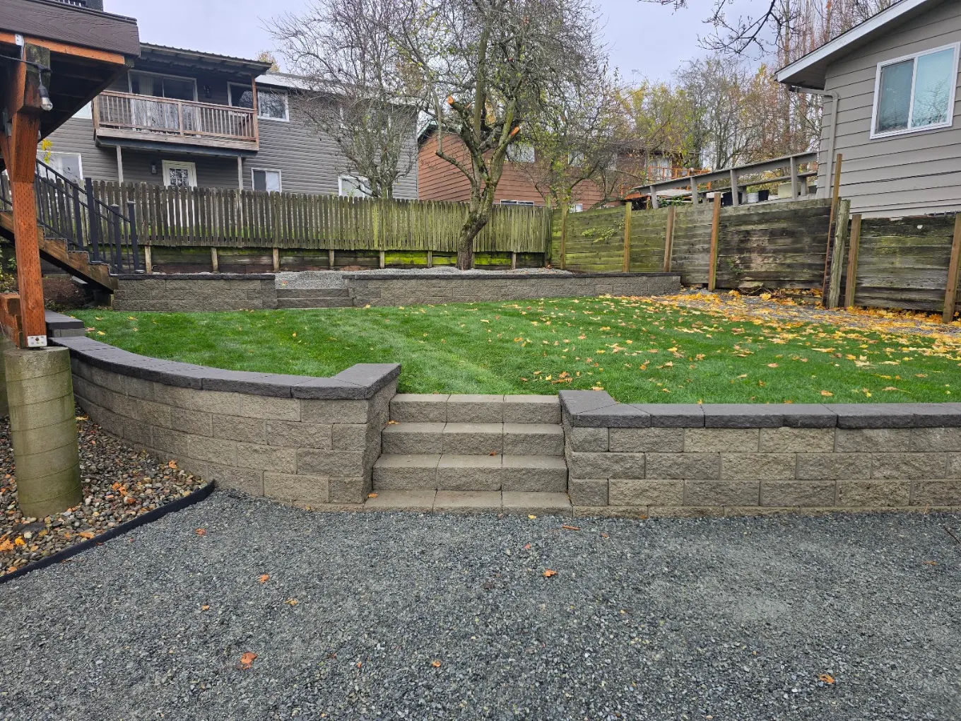 Paver patio with low retaining wall and fresh sod