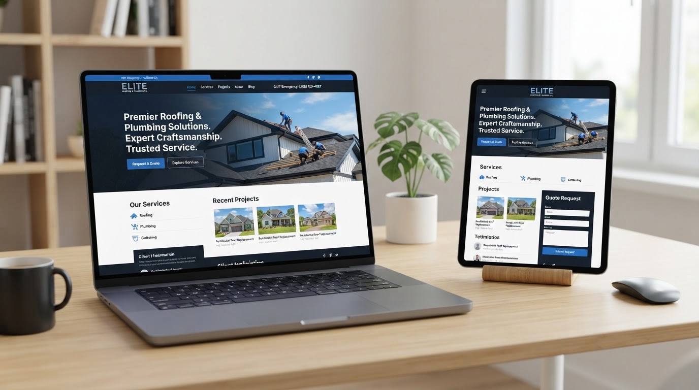 Modern contractor and roofer website demo mockup on desktop and tablet